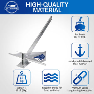 MARINE SYSTEM Galvanized Fluke Anchor - 10 LB Hot Dipped, For Boats 16-26 Ft, Pontoon & Fishing